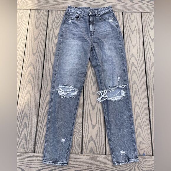 American Eagle Outfitters Size 2 LONG Ripped Highest Waist Mom Jean Grey/Black - Picture 5 of 12
